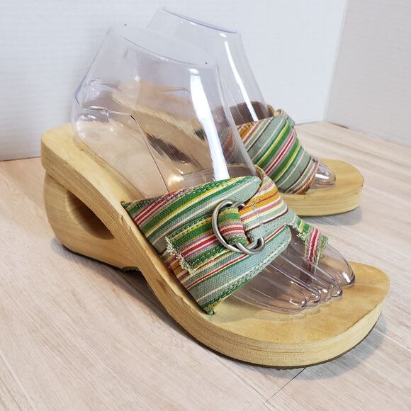 Skechers Somethin’ Else Multicolor Platform Sandals Wood Sole Buckle Y2K SZ 7 - Picture 1 of 9